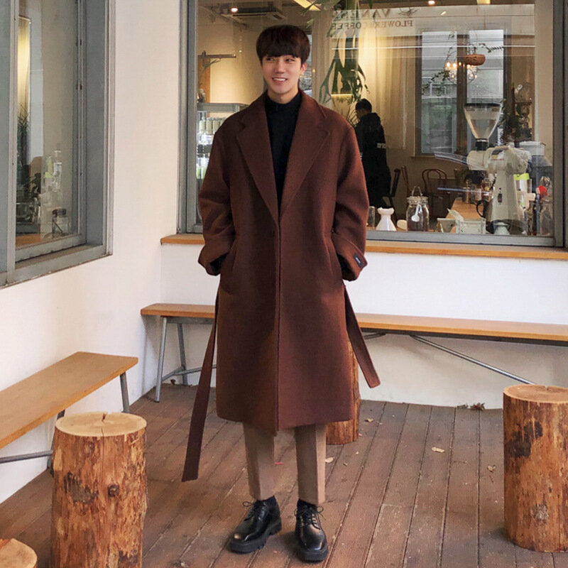 Mantel wol versi Korea, mantel Trench wol tebal panjang Medium gaya musim dingin pria serbaguna