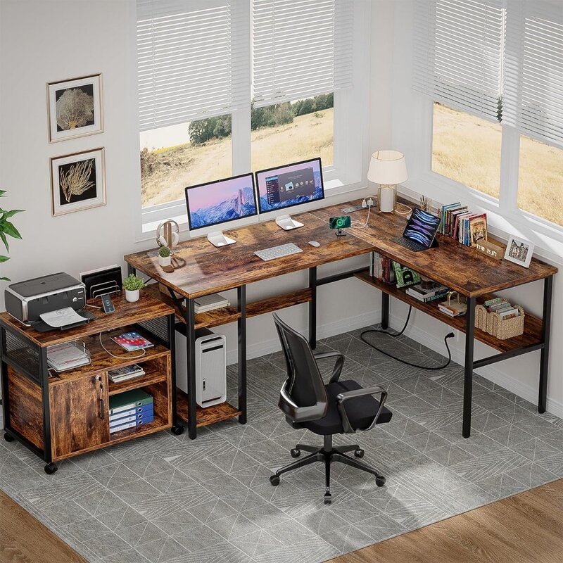 Mesa marrom rústica para computador, fácil de montar mesa para laptop, Mesa de canto reversível resistente com prateleiras de armazenamento