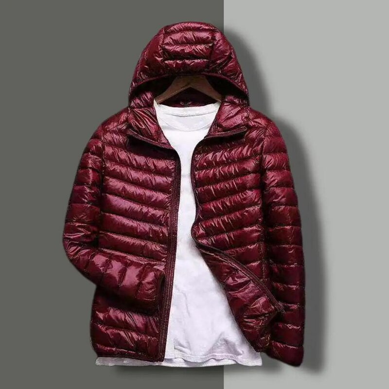 Male Trendy Winter Coat Ultra Lightweight Hood Solid Color Thin Cotton Padded Zipper Pockets Jacket Streetwear