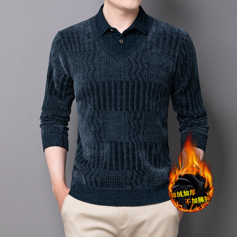 Jacquard Velvet Thickening Sweater Men's T-shirt Winter Knitted Warm Top