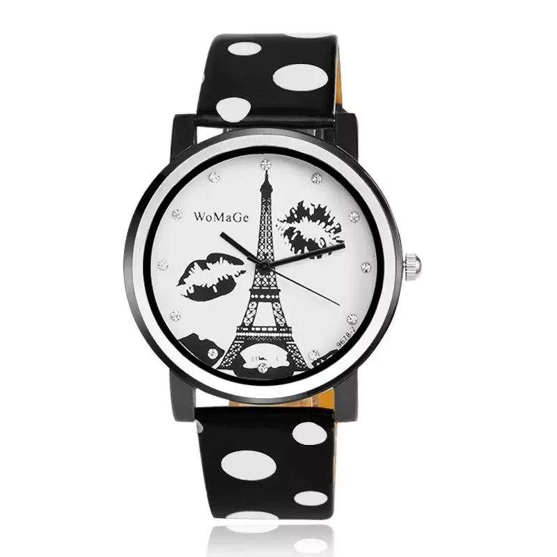 2019 WOMAGE Người Phụ Nữ Đồng Hồ Thời Trang Tháp Eiffel Dây Chấm Bi Da Đồng Hồ Nữ Đồng Hồ Nữ Đồng Hồ Thạch Anh Horloge Dames