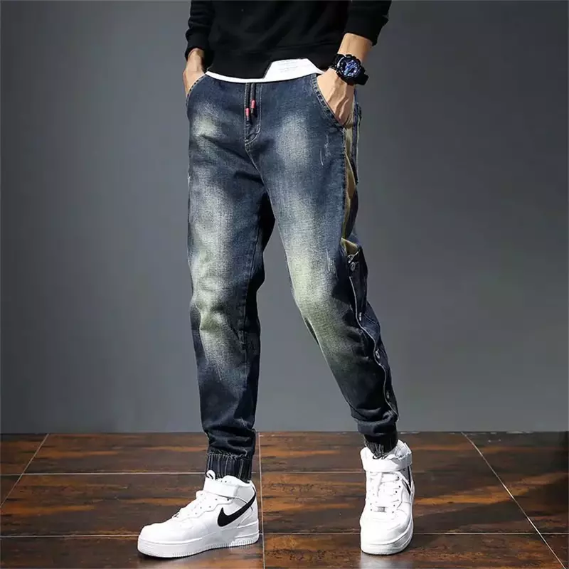 Jeans de moto largas ajuste solto para homens, streetwear retrô, jeans cônico relaxado, calças Harlan com bolsos, moda