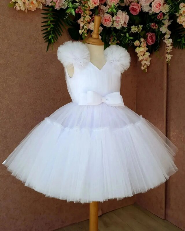 Piękny biały tiul bufiasty bez rękawów z kokardą dziewczęca sukienka w kwiaty na wesele urodziny księżniczka pierwsza komunia suknie balowe