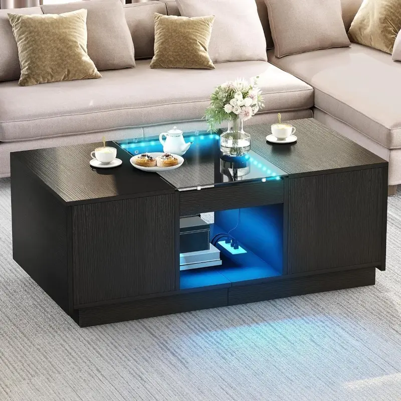 Tavolino con contenitore con luci a LED, 2 livelli e 2 cassetti, tavolini grandi con porte USB e tipo C, tavolino