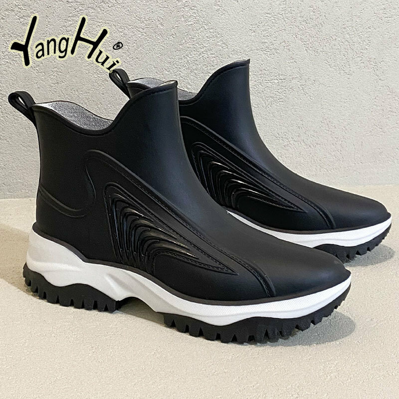 Women's Rain Boots Platform Waterproof Wear-resistant Solid Black Ankle Shoes for Women 2023 New Fashion Spring Autumn