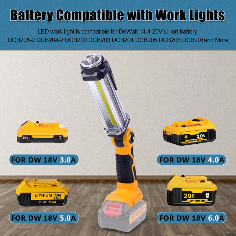 Lampe de travail LED portable pour Dewalt, lampe de poche USB, batterie Eddie ion, 2000LM, 14.4V-18V, nouveau