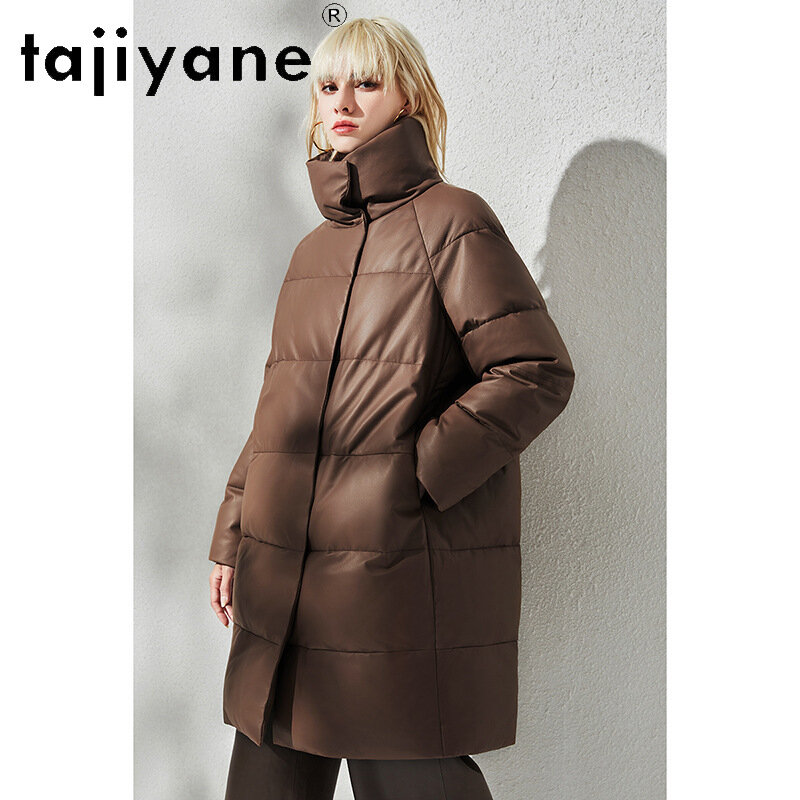 Piumino in vera pelle di montone tagiyane donna inverno piumino d'oca bianco di media lunghezza colletto in piedi moda parka caldi