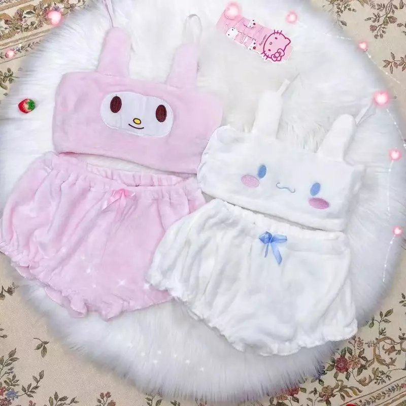 Kawaii anime kuromi pyjamas meine melodie pompon purin hallo kitty winter warm plüsch rohr top priming loungewear anzug feiertags geschenke