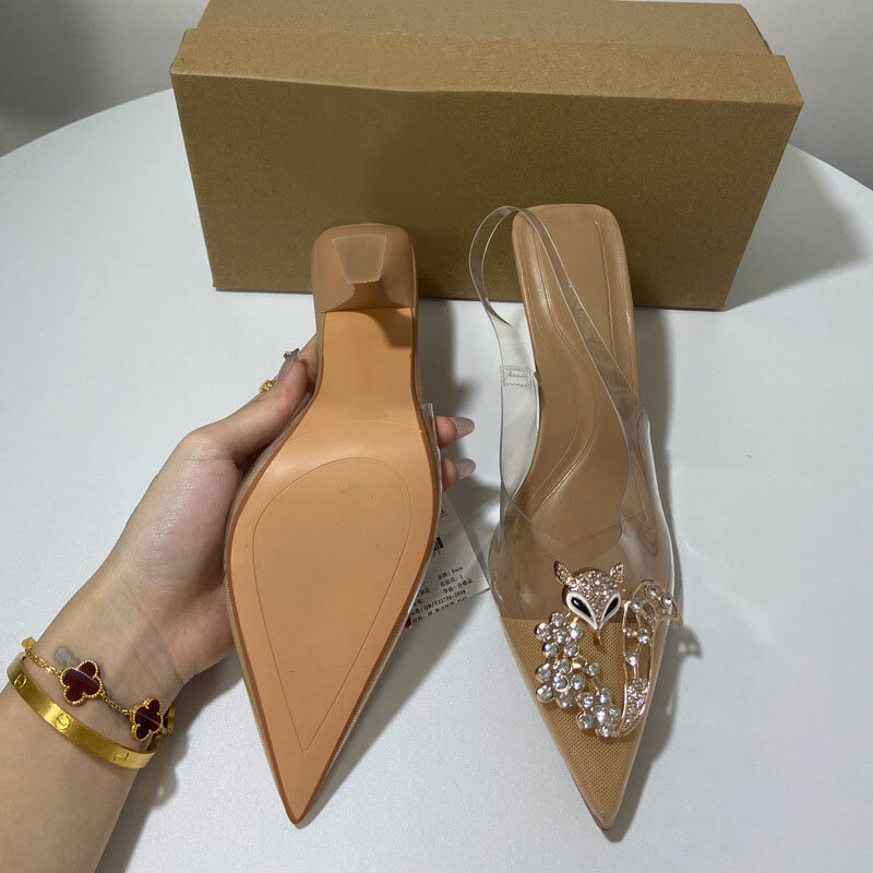 Zapatos de tacón alto puntiagudos de moda para mujer, Sandalias de tacón abierto de boca baja transparente de PVC, decoración de hebilla brillante de diamante de agua