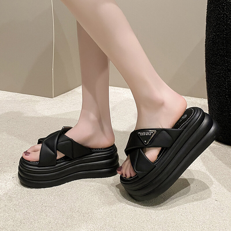Fashion Metal Wedge Heels Platform Slippers New Women 7.5CM Heels Leather Chunky Sandals Woman Summer Thick Bottom Wedges Slides