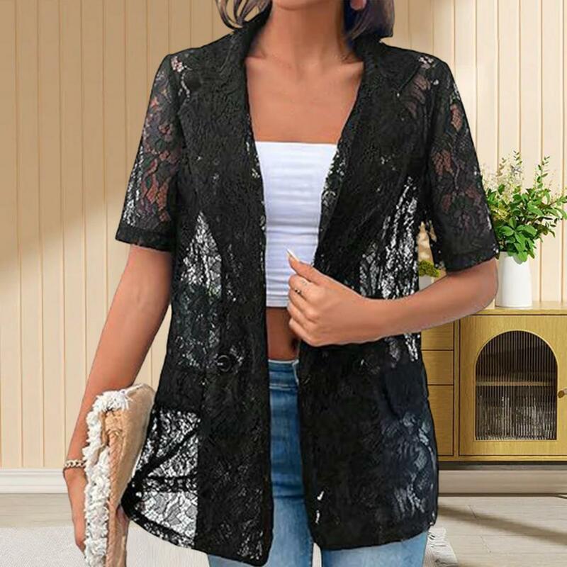 Casual Lace Short Sleeve Jacket Elegant Lace Cardigan with Lapel Decorative Pockets Women's Short Sleeve Suit Coat Featuring