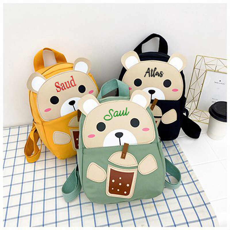 Cute Cartoon Kindergarten Backpack, Urso bonito personalizado, Snack Bag infantil, Nome personalizado, menino e menina, recém-chegado