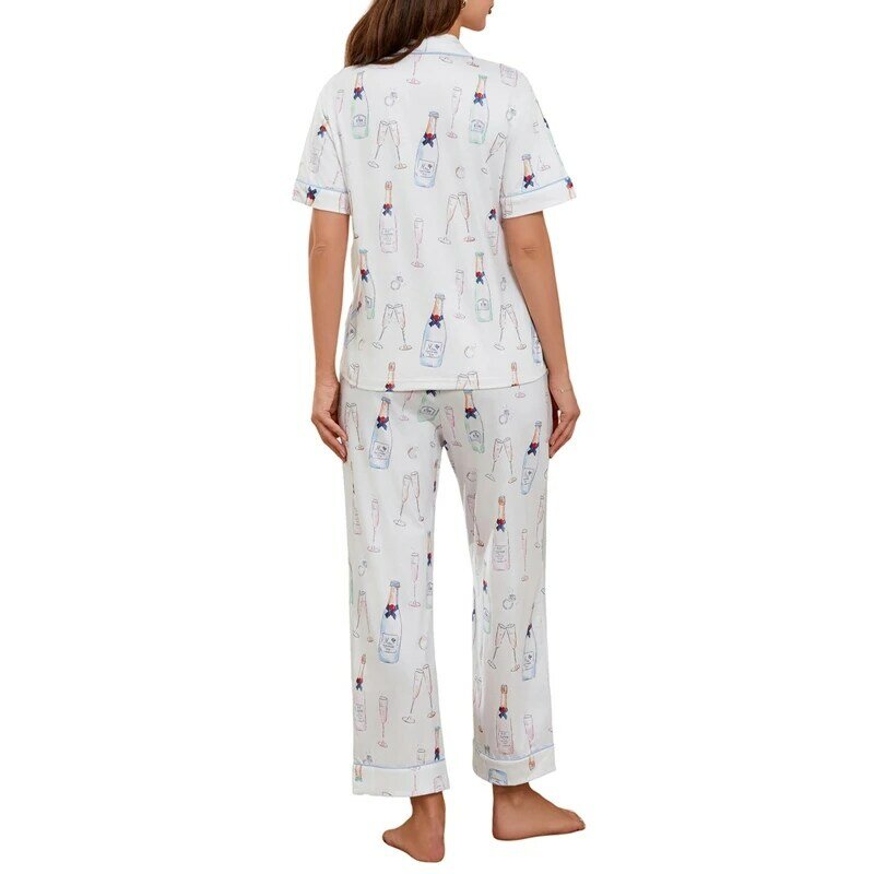 Conjunto de 2 piezas de ropa de dormir para mujer, camisa suelta de manga corta con estampado de copas de vino, Tops y pantalones de cintura elástica