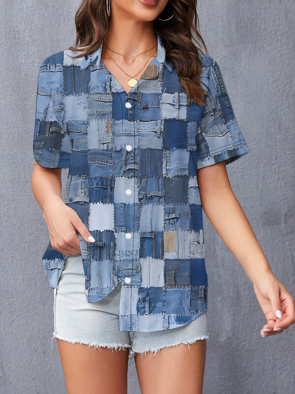Camicia di moda semplice da donna estiva 2024 Denim Splicing 3D stampa digitale camicia a maniche corte camicia popolare di strada