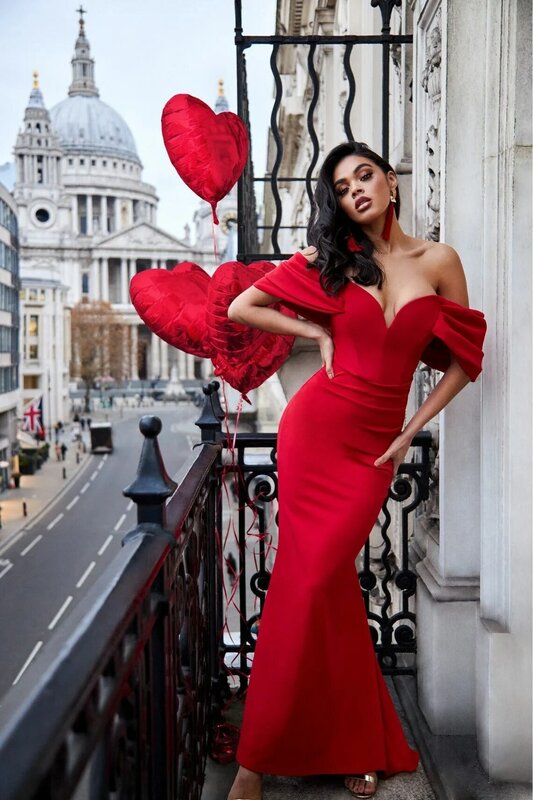 Vermelho celebridade vestidos de noite fora do ombro drap mangas cetim longo sereia formatura vestidos de ocasião feminina recepção vestido de festa 2023