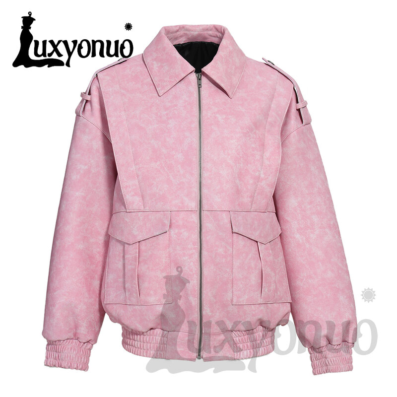 Luxyonuo-jaqueta de couro real feminina, casaco de pele de carneiro solto, jaqueta bomber feminina, sobretudo feminino, nova moda, primavera e outono, 2024
