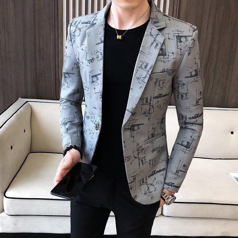Мужской Блейзер, весна 2024, высококачественный мужской пиджак с принтом в Корейском стиле, приталенный деловой пиджак для свадьбы, вечеринки, выпускного