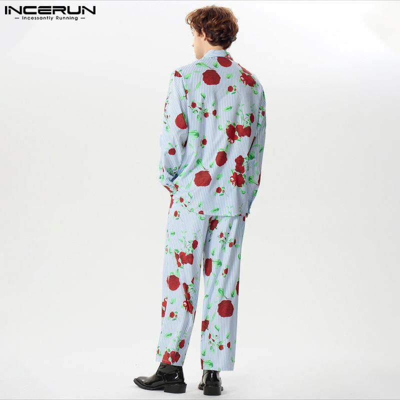 INCERUN-Conjuntos de estilo americano para hombre, camisas de manga larga con rayas florales a la moda, pantalones largos, conjuntos informales de dos piezas, S-5XL, 2024