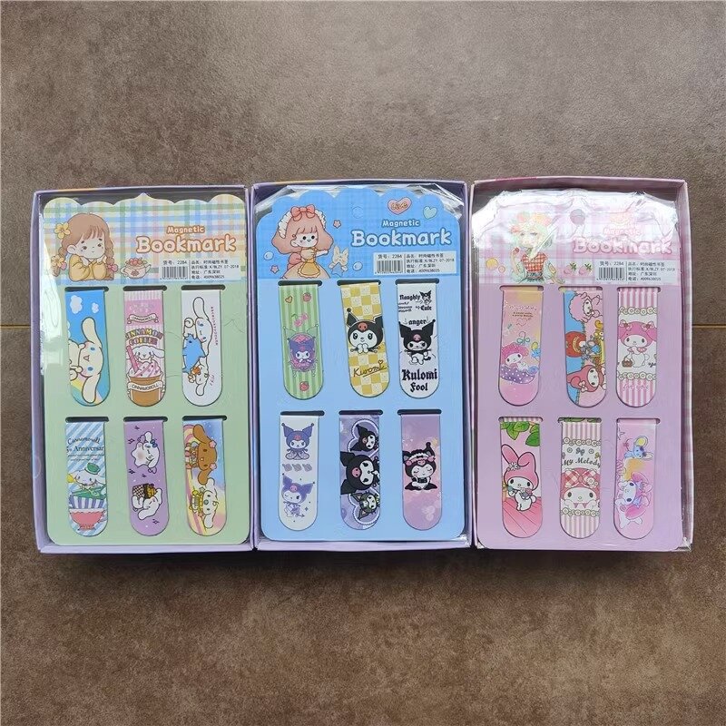 6 Pack Cartoon Sanrio Cinnamoroll Magnetic Bookmarks Anime My Melody Kuromi Double Sided Student Fold Metal Stationery Gift