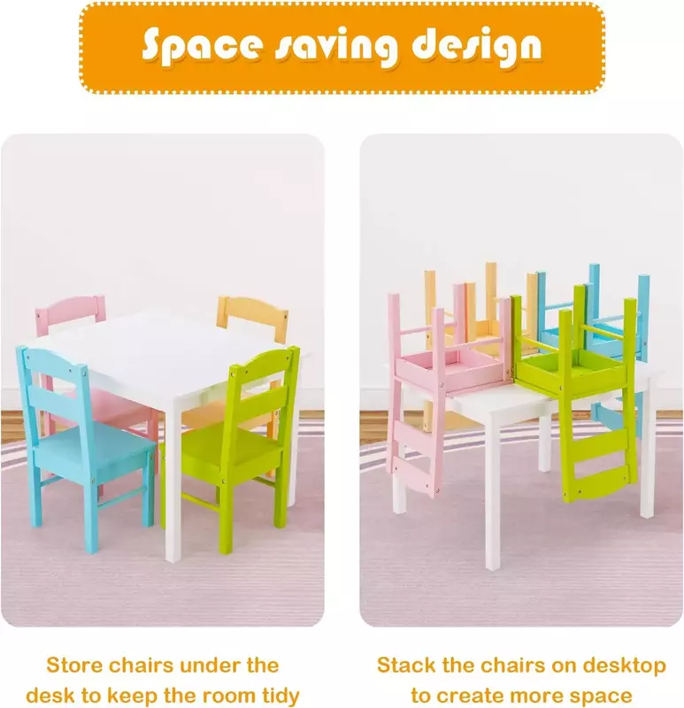 Kids Wood Table and Chair Set (4 Chairs Included) - Ideal for Arts & Crafts, Snack Time, Homeschooling,White/Primary Primary