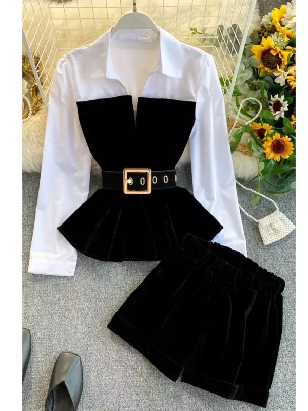 2024 New Spring Spring Long Sleeve Patchwork Velvet Size Small Tops with Belt High Waist Shorts Two Piece Set Women MH334