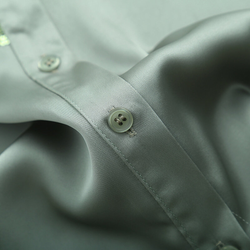 Frauen neue Mode Perlen Dekoration Druck Satin Textur lose Blusen Vintage Langarm Button-up weibliche Hemden schicke Tops