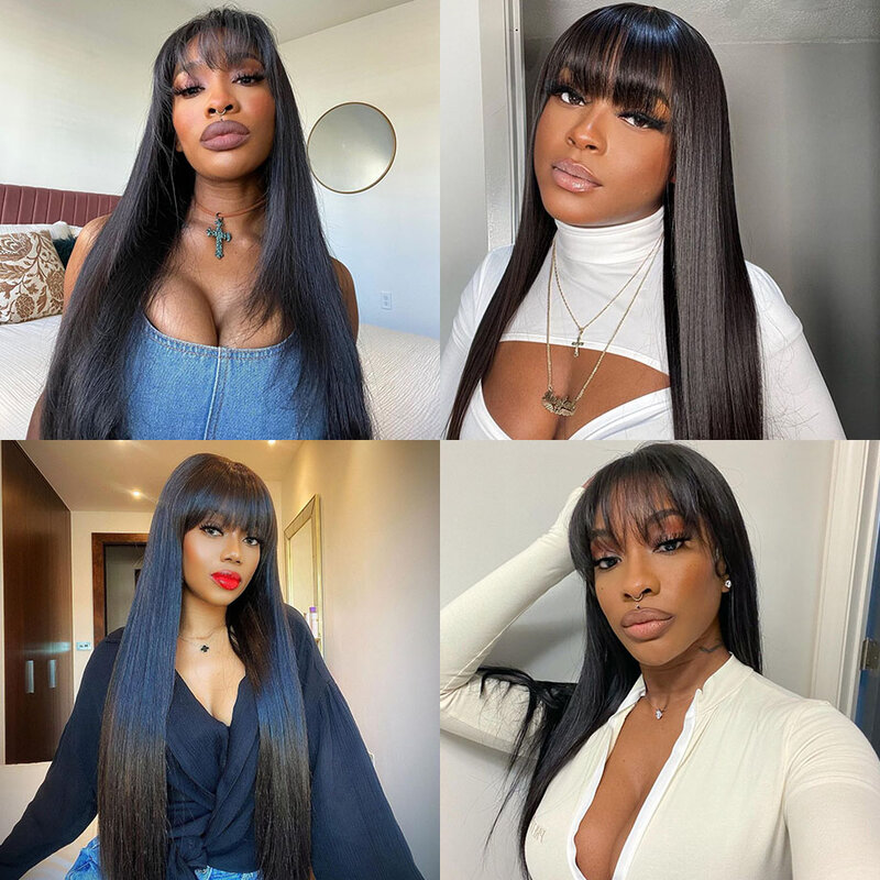 Straight Full Machine Made With Bangs Realistic Look 3x1 T Part Hd Lace Fake Scalp 34 inch Fringe Human Hair Wigs For Women
