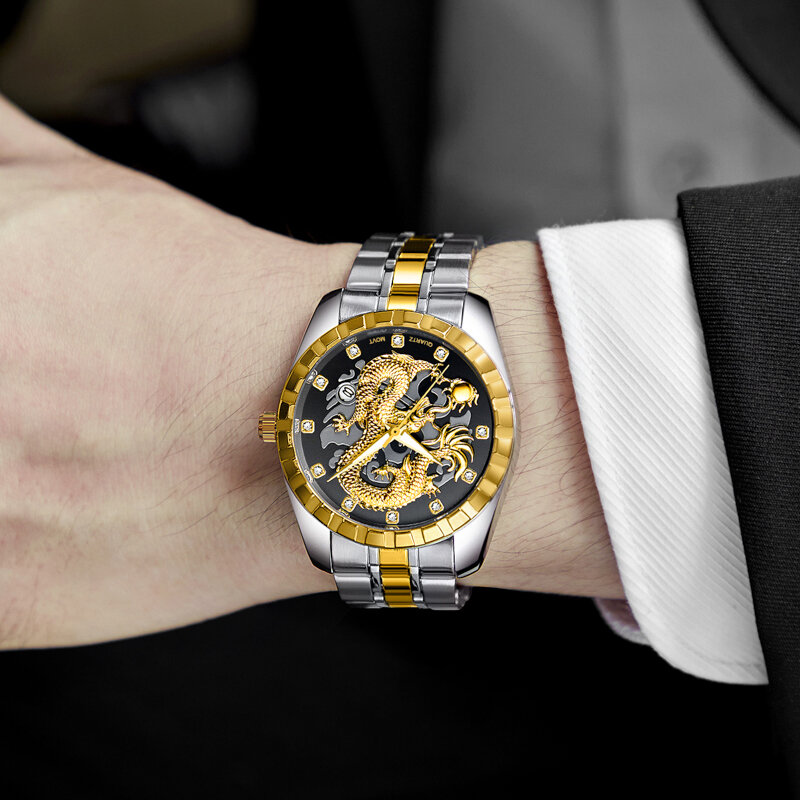 Fashion WLISTH Top Brand Watch Men Embossed Hollow Dragon Wristwatch Men's Full Stainless Steel Gold Quartz Male Clock Erkek Kol