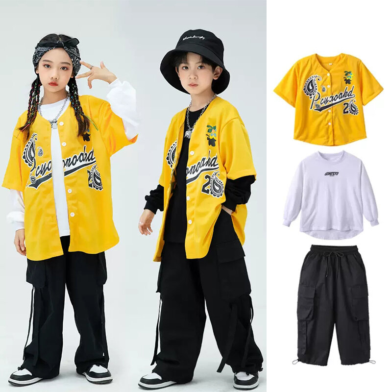 Hiphopowy sweter dziewczyny Jazz kostium taneczny żółta koszula luźne spodnie Cargo Kpop strój chłopcy taniec uliczny praktyka nosić YS4569