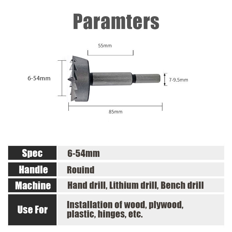 Forstner-Herramientas de carpintería multidiente, brocas de perforación con bisagra, vástago redondo, cortador de acero de alto carbono, 6mm-54mm, 1 pieza