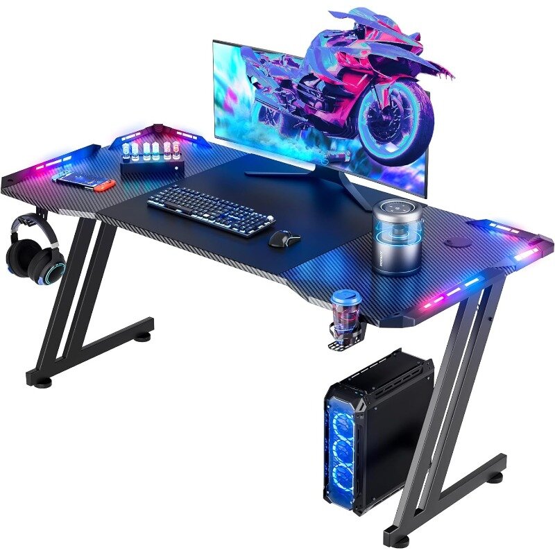 LED Gaming Desk 55 Inch Ergonomic Gamer Workstation Gamer Carbon Fibre Surface Large Compuster Desk with Cup Holder