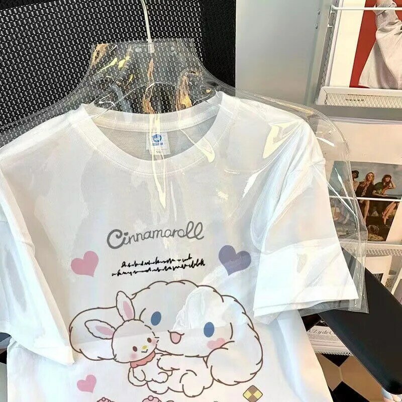 Girls Summer Cotton T-Shirt Kawaii Anime Cinnamoroll Children Cartoon Short Sleeve Fashion Loose Cotton Half Sleeve Casual Tops