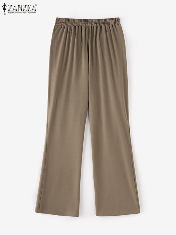 ZANZEA Elegant Women Office OL Pants Elastic Waist Casual Trousers 2024 Summer Fashion Solid Color Pantalons Femme Bell-bottoms