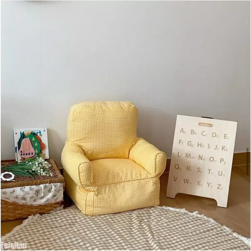 Sofa tunggal anak-anak tas kacang kotak-kotak kanvas kursi Mini kursi taman kanak-kanak lembaga pendidikan dini furnitur bayi