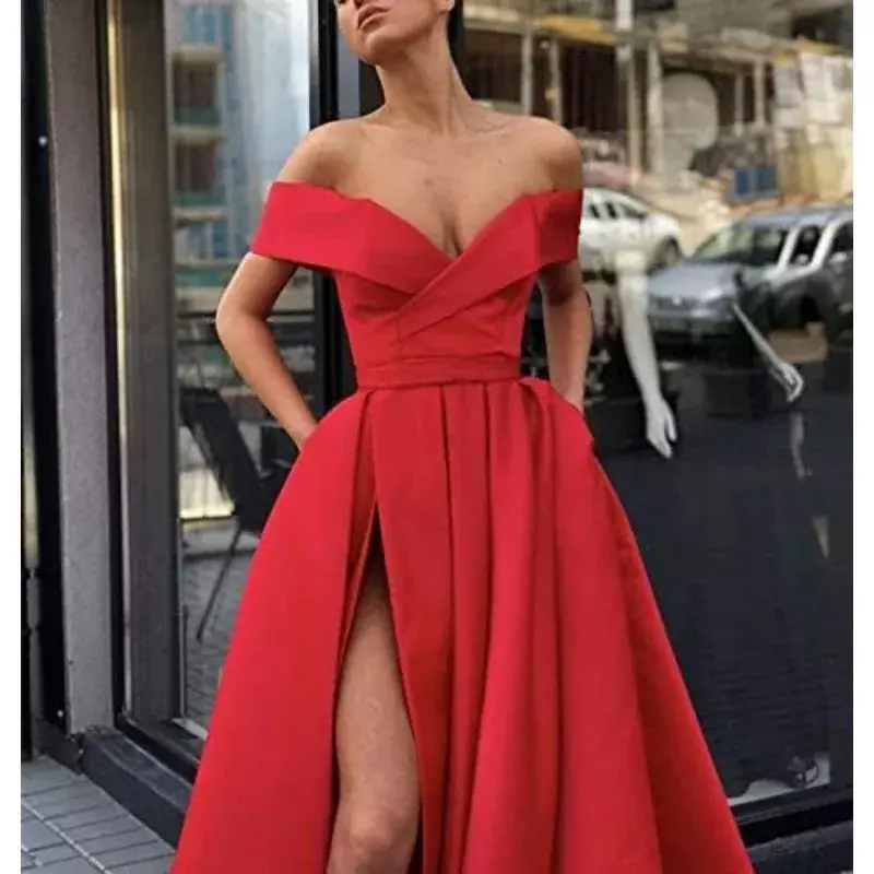 Wakuta Sexy Women's Off Shoulder Long Prom Dress High Slit Backless Satin Formal Ball Gowns Evening Party Vestidos with Pockets
