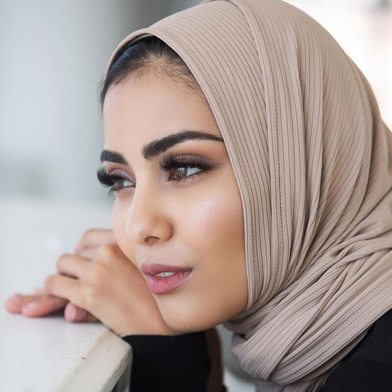 Mujeres musulmanas Jersey acanalado hijab jacquard Jersey elástico plisado algodón Hijabs Bufandas Jersey Chales Turbante Wrap Pañuelo