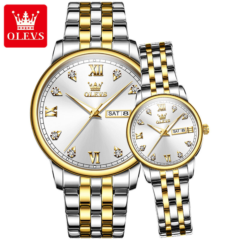 OLEVS jam tangan pasangan, arloji bisnis Quartz mewah Stainless Steel, tahan air bercahaya kalender minggu