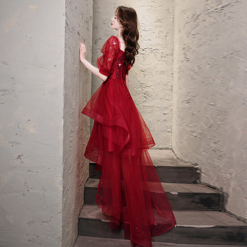 Gaun malam Tulle warna merah anggur gaun pengantin bahu terbuka applique wanita gaun Formal Modern elegan indah