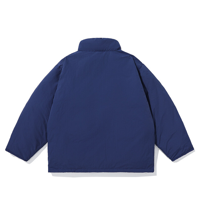 Colección de invierno de Color sólido, chaqueta de cuello alto con parche tridimensional brillante, tendencia japonesa, holgada
