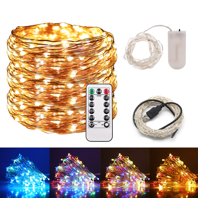 Cadena de luces LED de alambre de cobre, 2M, 5M, 10M, USB/batería, guirnalda impermeable para exteriores, luz de hadas para árbol de Navidad, decoración de fiesta de boda