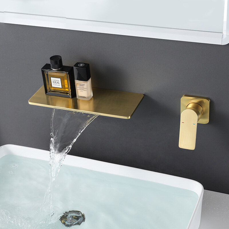 Brushed Gold Solid Brass Basin Faucet Waterfall Output Hot And Cold Water Wall Mount Split Independent Switch Basin Faucet