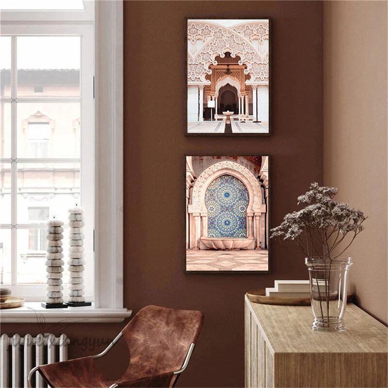 Poster kanvas arsitektur pintu Maroko seni kaligrafi Arab Islam cetakan lukisan dinding religius gambar dekorasi ruang tamu
