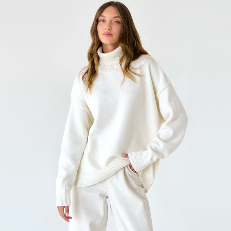 Dames Coltrui Herfst Winter Warme Gebreide Trui Top Mode Casual Oversized Truien Wit Roze