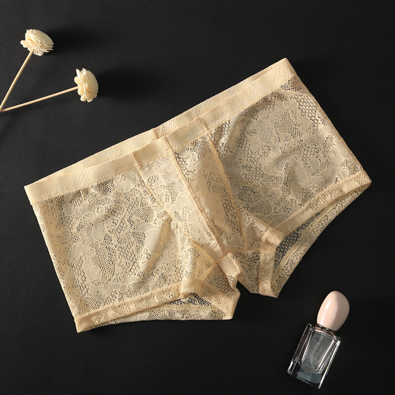 Men's Low Waist Lace Transparent Bulge Pouch Underwear, Ice Silk Boxer Briefs, Tag Size L 3XL, Breathable and Stylish