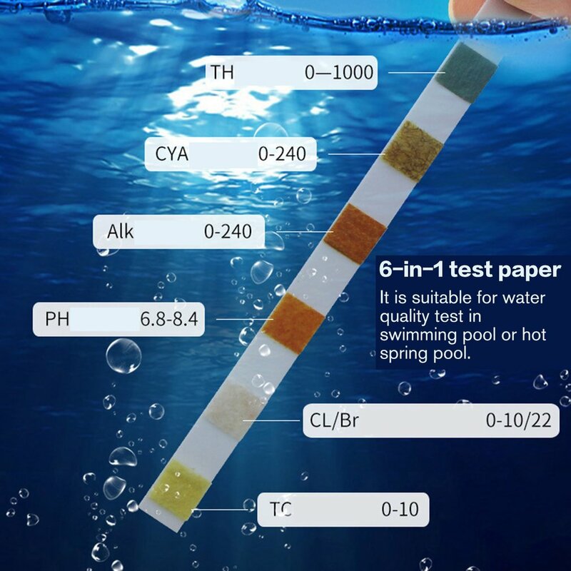 Tira de prueba de cloro multifuncional para piscina, 6 en 1, dureza del agua ácida, alcalinidad, PH, bromo cianúrico