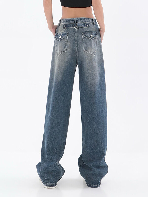 Женские джинсы, уличная одежда, винтажный шикарный дизайн, повседневные Широкие джинсовые брюки, прямые мешковатые модные джинсы с высокой ...