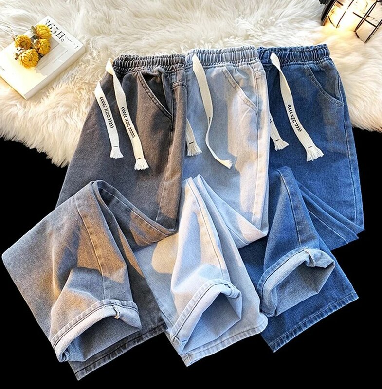 Summer Elastic Waist Jeans for Women's Casual Oversized Loose Straight Drawstring Denim Pants Vintage Wide Leg Trouser S-3XL