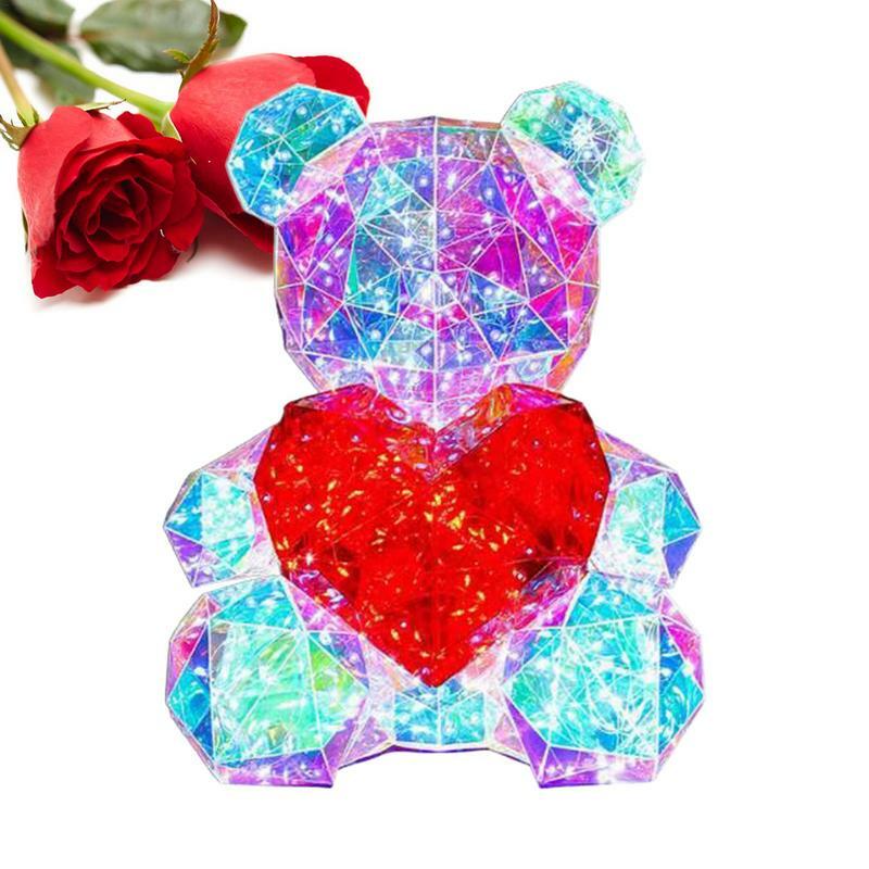 Lampu malam beruang menyala 3D dengan hati merah, lampu meja hadiah Hari Valentine untuk kamar tidur untuk hari jadi dan ulang tahun