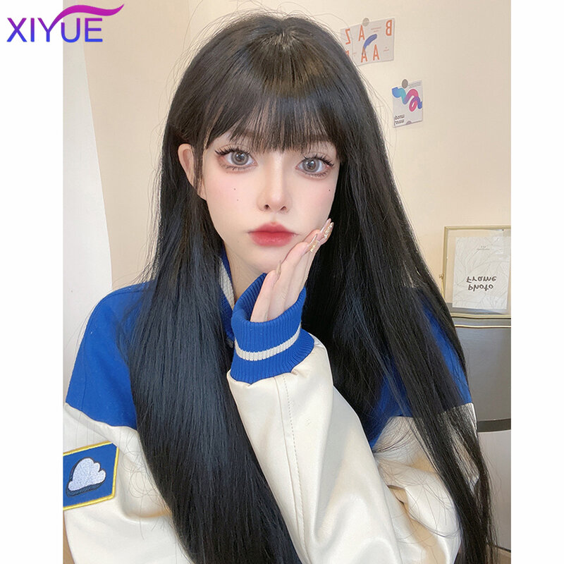 Xiyue lange gerade schwarze Perücke mit Knall synthetische Perücken für Frauen hitze beständiges Natur haar für die tägliche Halloween-Cosplay-Party