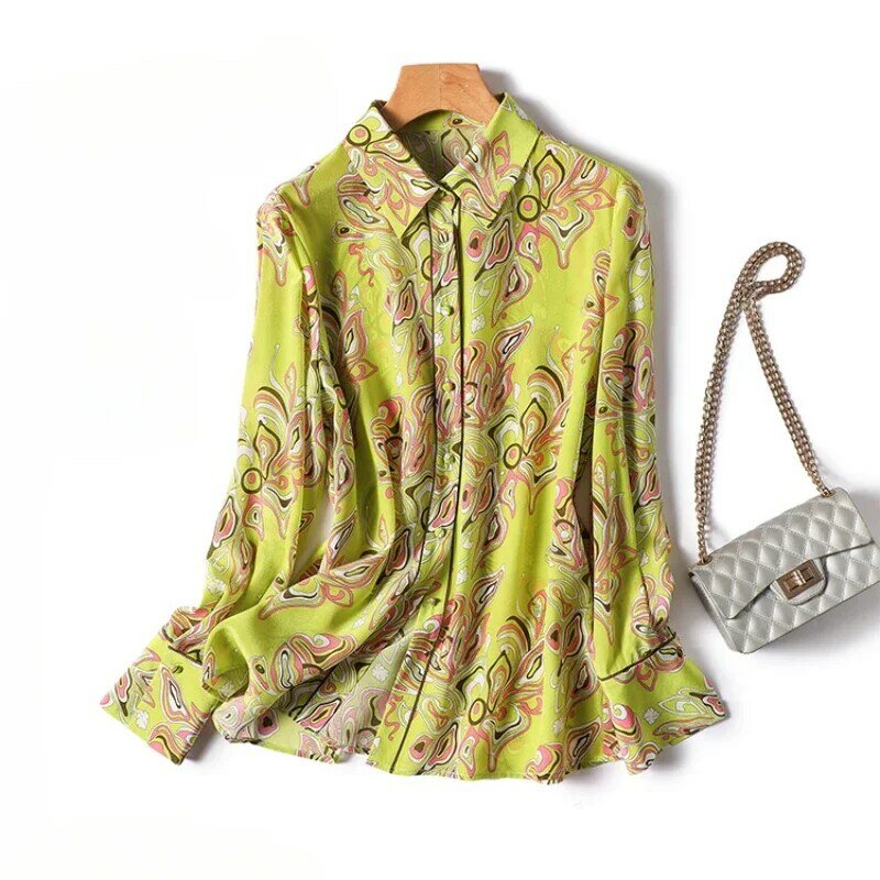 Шелковая женская рубашка, атласные винтажные блузки с цветочным принтом, женская одежда на весну/лето, Модные свободные топы с длинным рукавом и воротником-поло